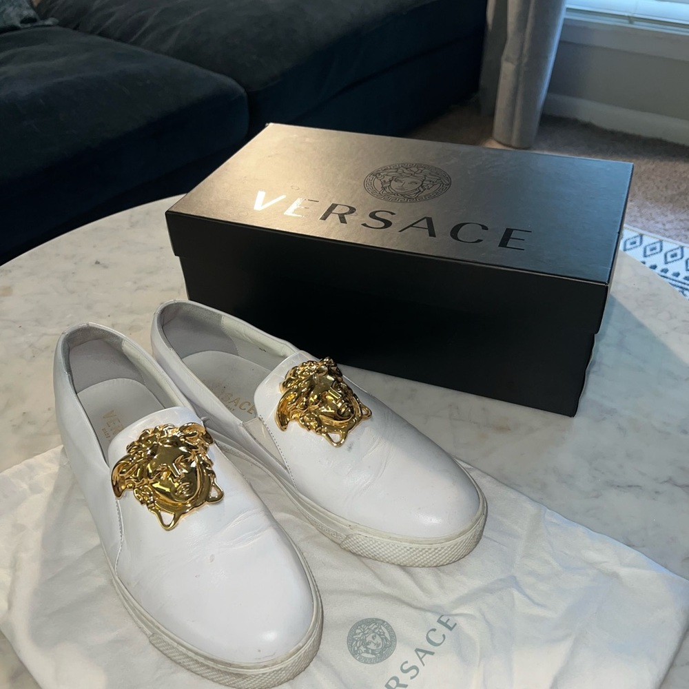 Versace White Slip-On Sneakers with Gold Medusa